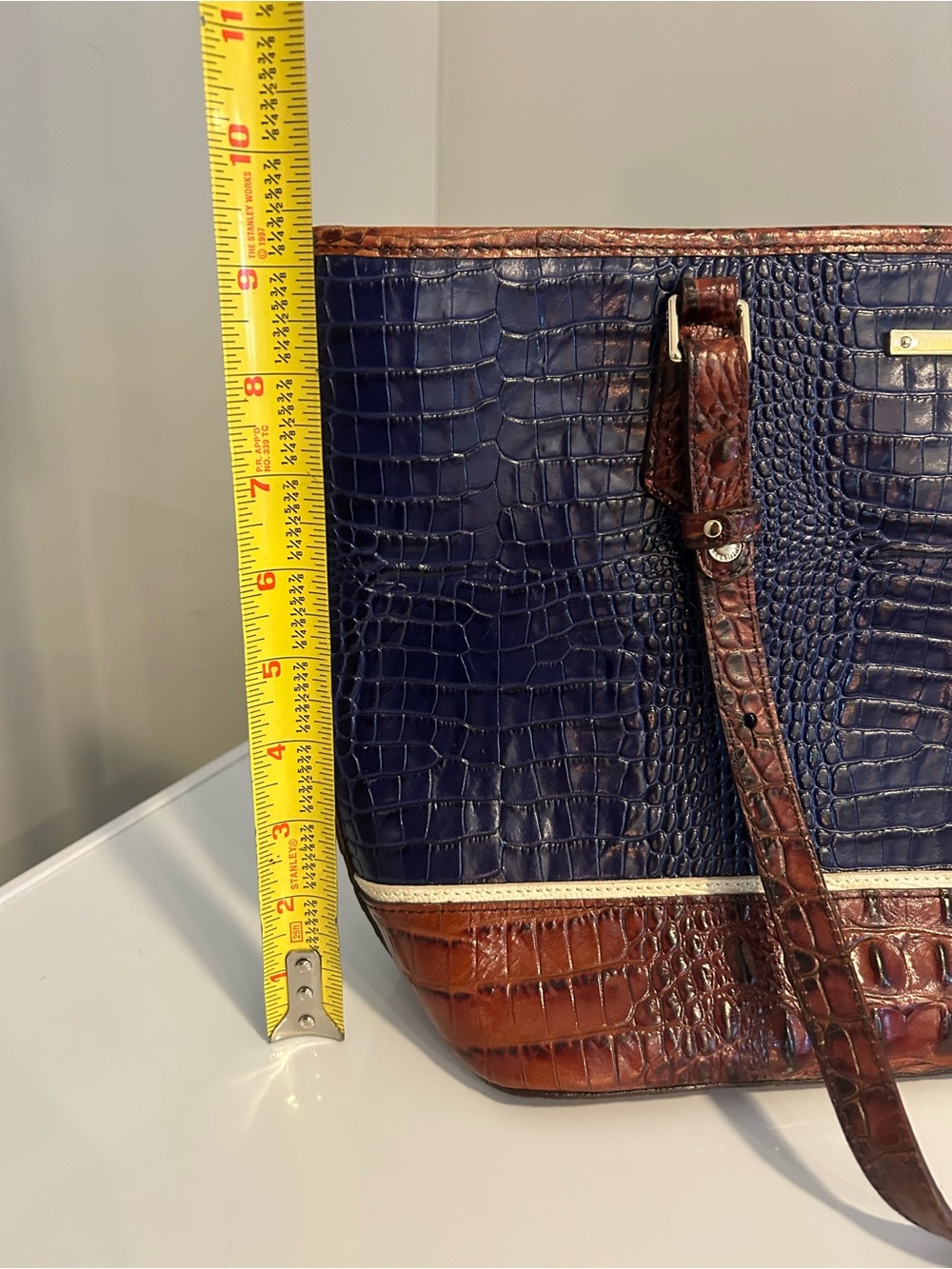Brahmin Navy and Brown Croc-Embossed Leather Tote with Cream Tassel - Picture 8 of 10